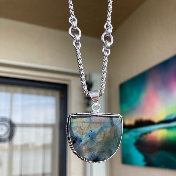 925 sterling silver overlay iridescent labradorite charm boho gemstone necklace - Picture 11 of 15